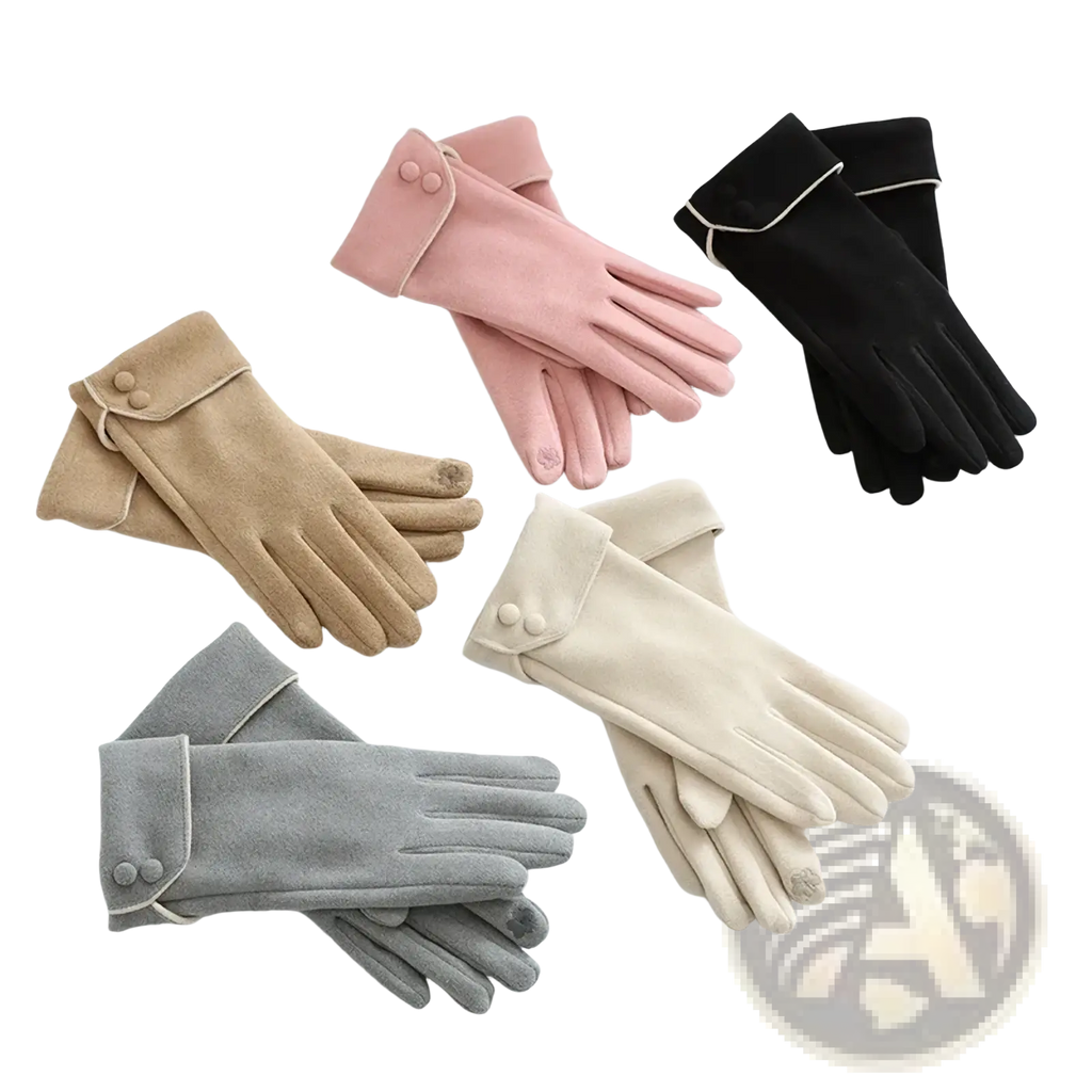 Women’s fleece lined warm winter gloves made of soft suede in pink beige black and gray with buttoned cuffs