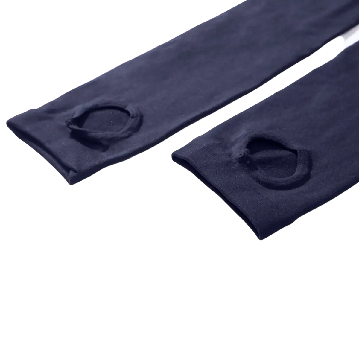 Women’s fleece lined warm winter leggings in dark navy blue sheer tights with a circular hole at the cuff