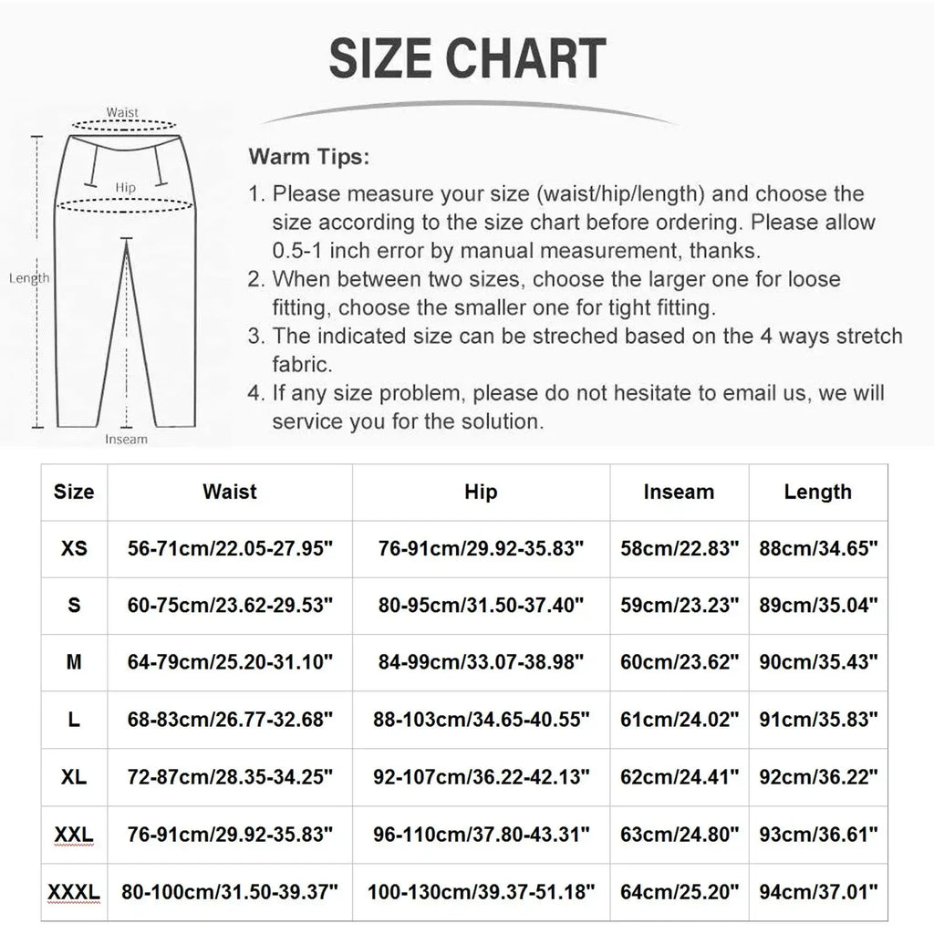 Size chart for women’s fleece lined warm winter leggings showing stretchy pants measurements in cm and inches from xs to xxxl