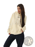 Women’s cream-colored floral embroidered long sleeve hoodie with a small black chest logo for casual wear