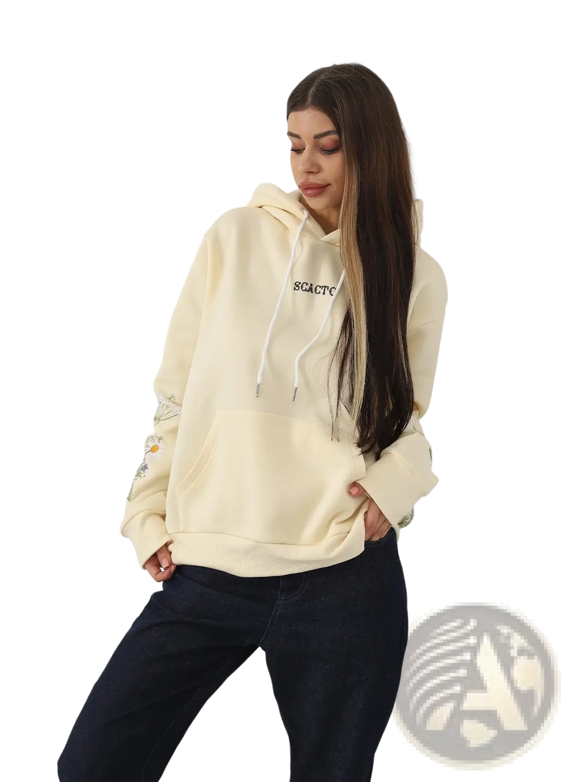 Women’s cream-colored floral embroidered long sleeve hoodie with a small black chest logo for casual wear