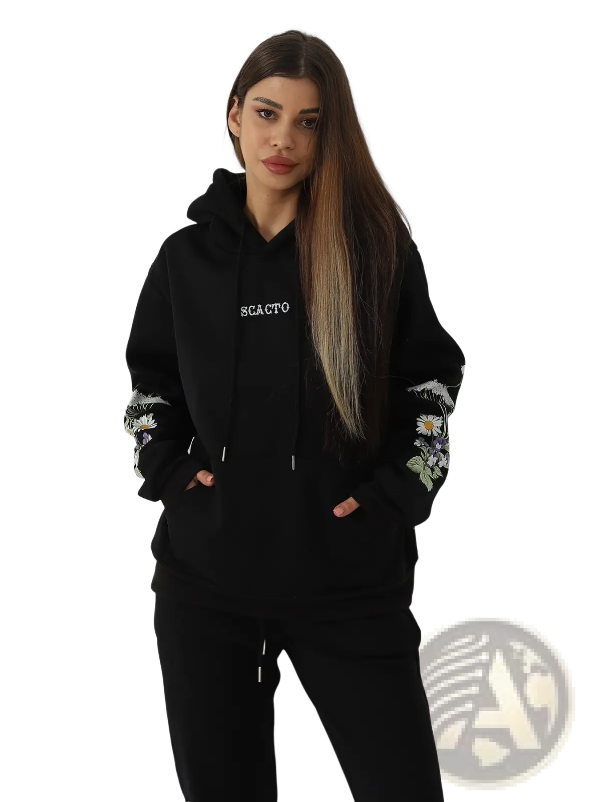 Black women’s long sleeve hoodie with white embroidered lettering and detailed floral embroidery on sleeves