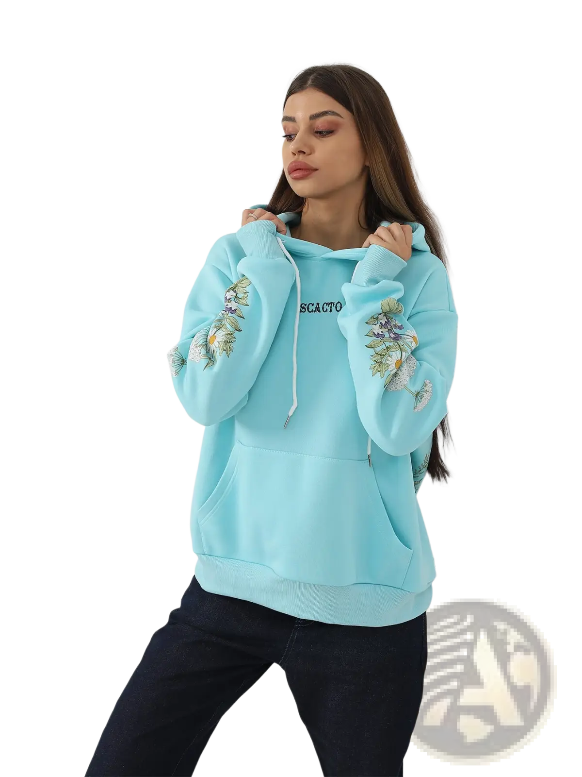 Light blue women’s long sleeve hoodie with floral embroidery on sleeves and black scacto logo on chest