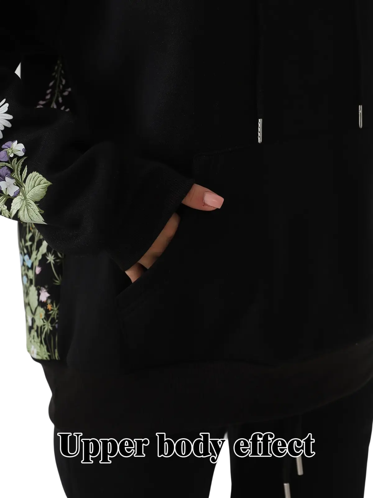 Black women’s long sleeve hoodie featuring intricate floral embroidery on the sleeve and side panel