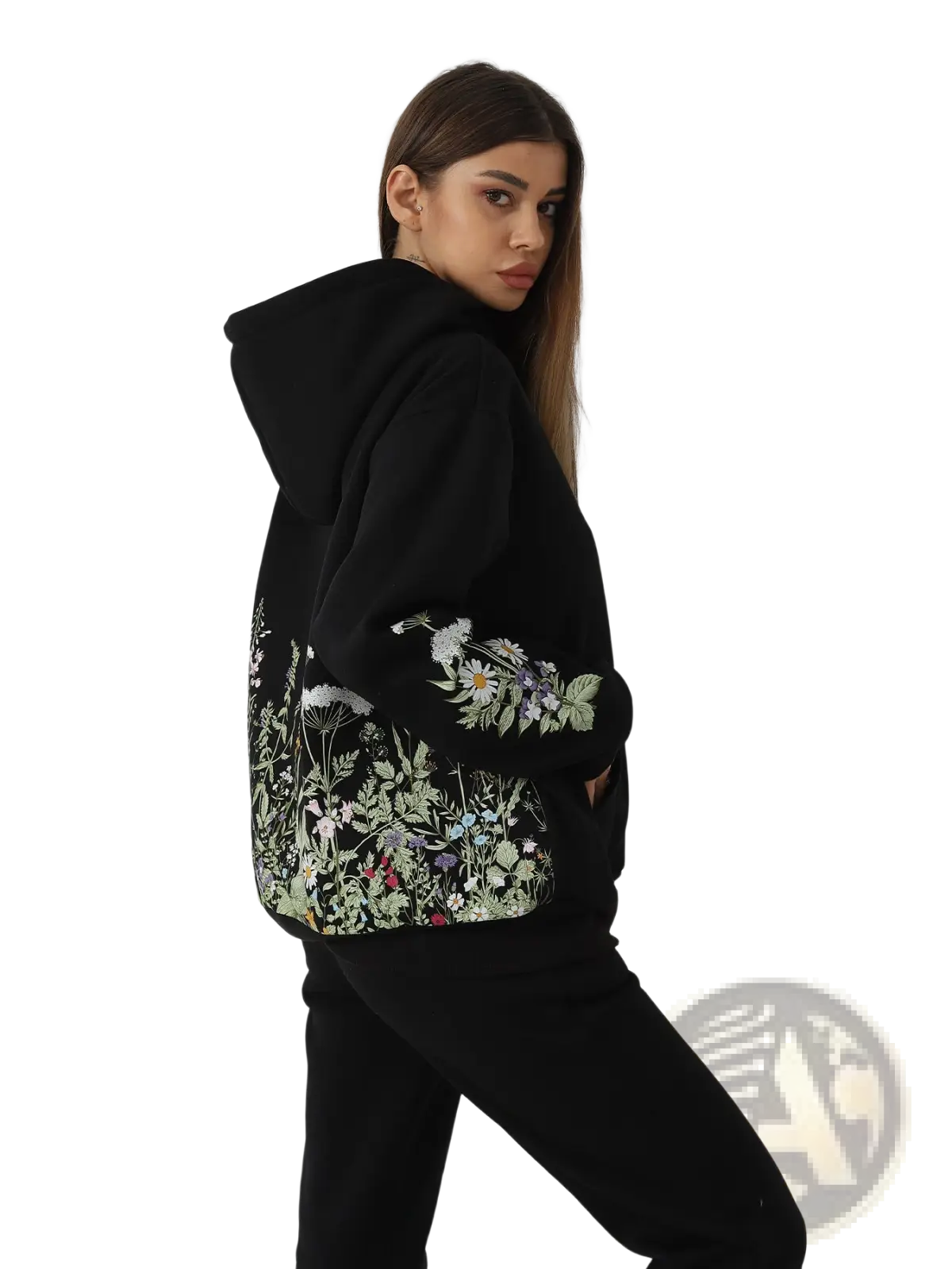 Women’s floral embroidered long sleeve black hoodie with intricate white green and pastel floral embroidery on sleeves and sides