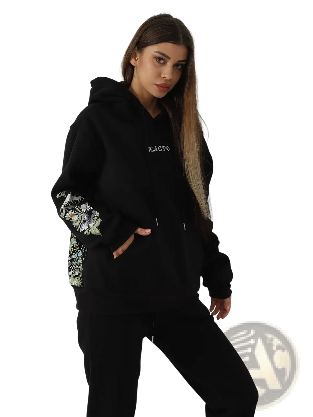 Black women’s hoodie with floral embroidered sleeves and small white logo on the chest for casual wear
