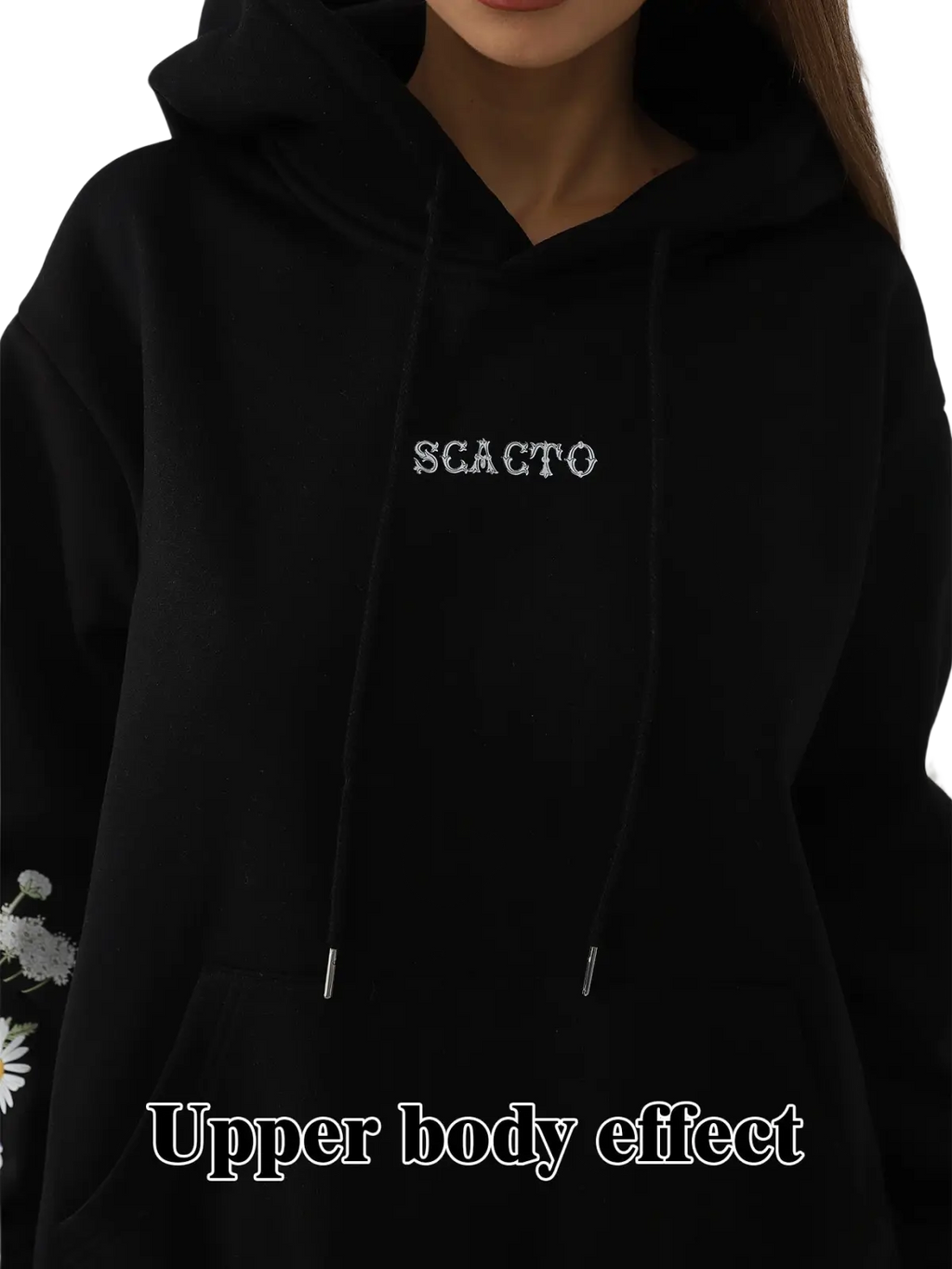 Black hooded sweatshirt with white scacto embroidery on chest and delicate floral embroidery on sleeve for women