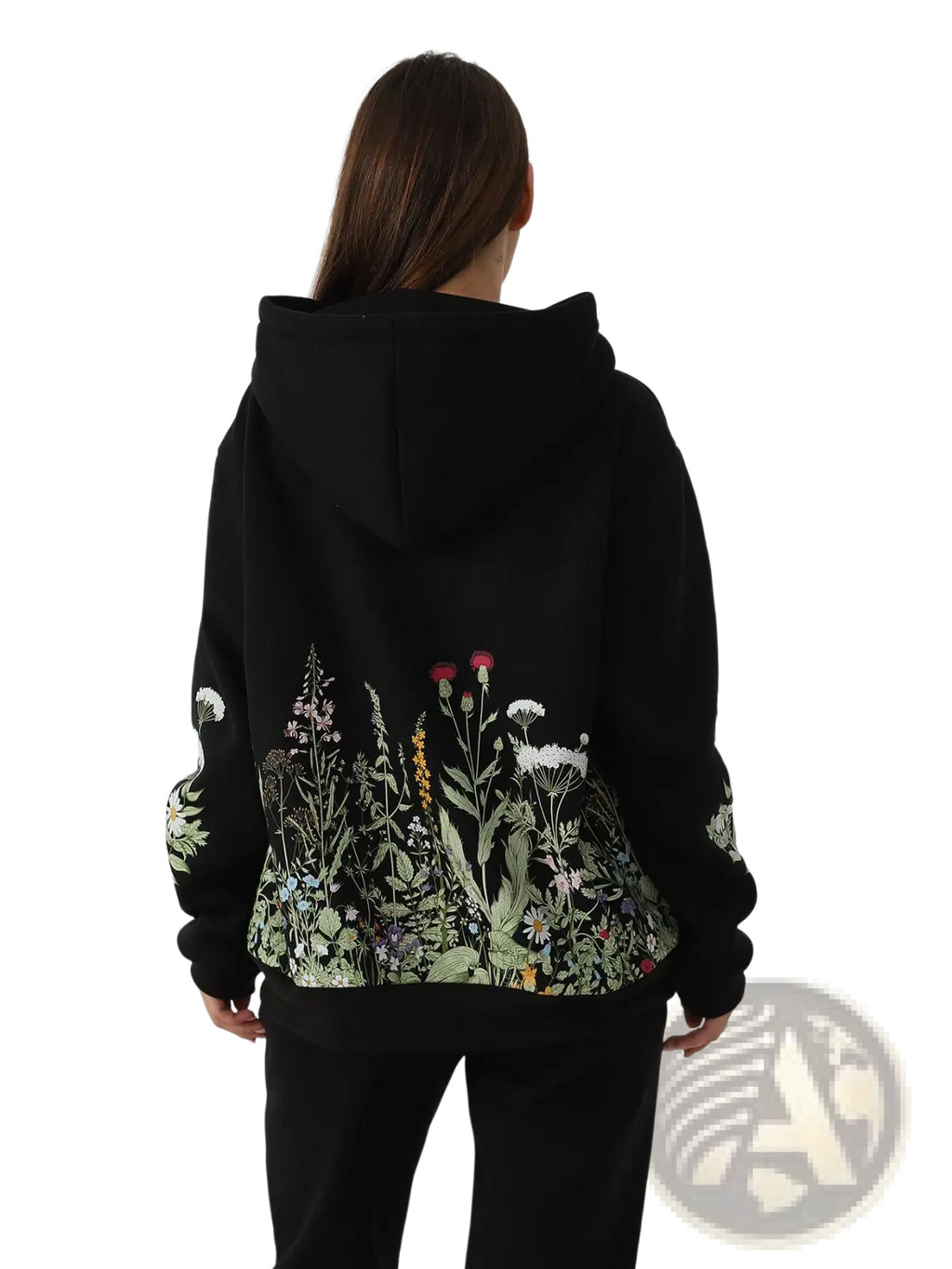 Black women’s long sleeve hoodie with intricate white green and pastel floral embroidery on back and sleeves