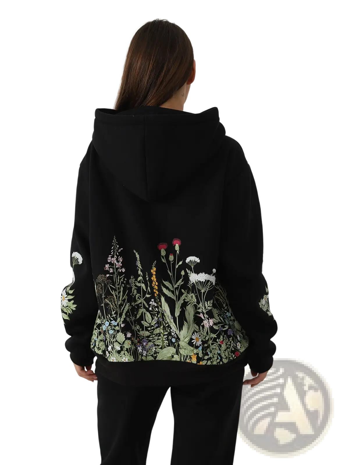 Black women’s long sleeve hoodie with intricate white green and pastel floral embroidery on back and sleeves