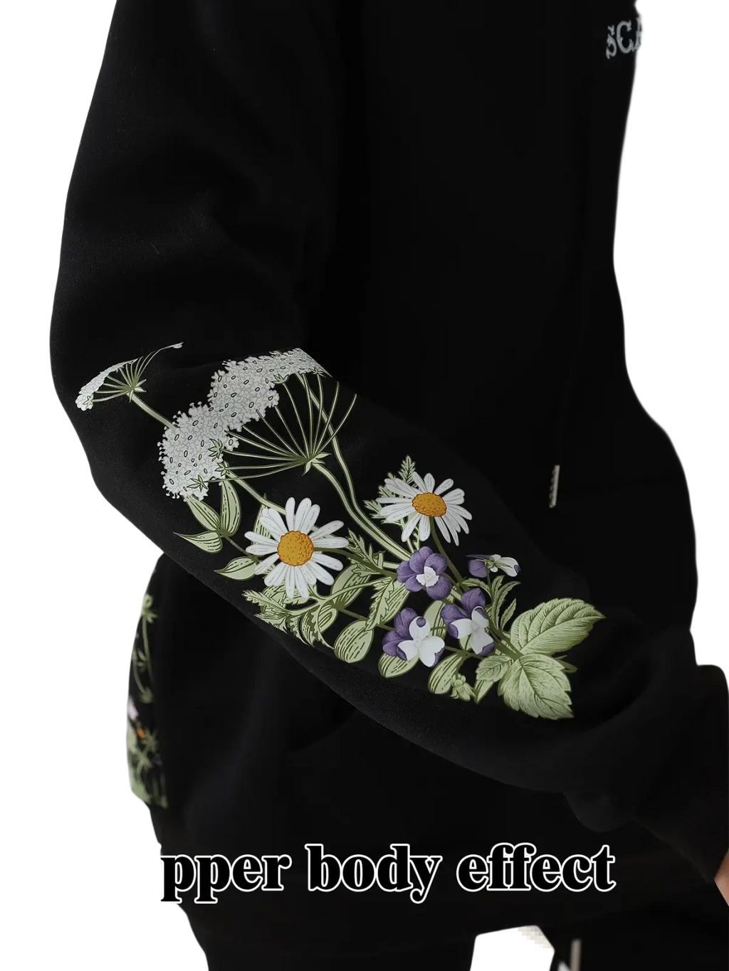 Women’s black hoodie with intricate embroidered white daisies purple and white blossoms and green stems and leaves