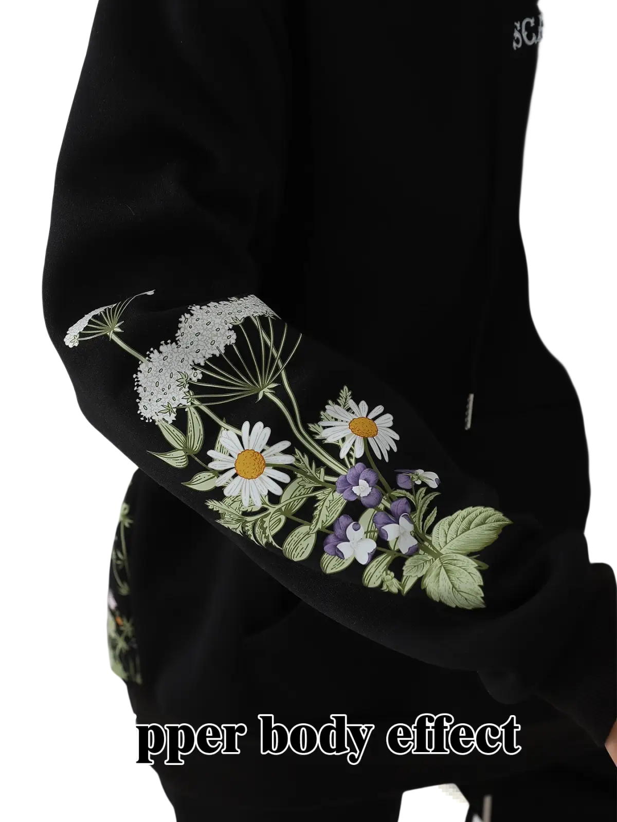 Women’s black hoodie with intricate embroidered white daisies purple and white blossoms and green stems and leaves