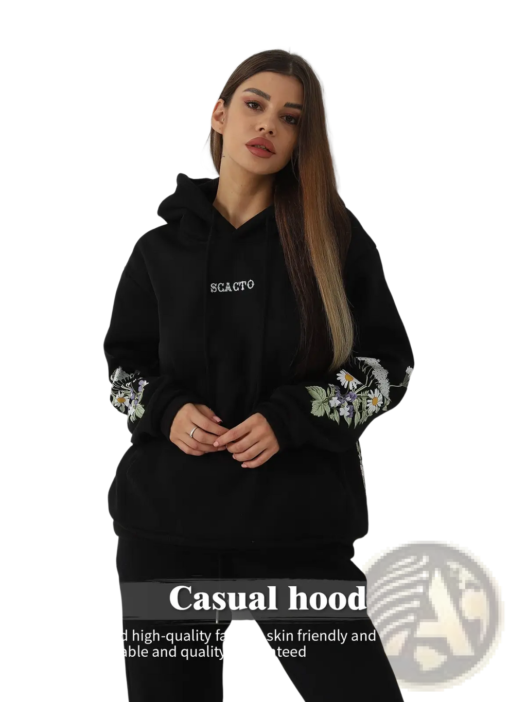 Black scacto casual hoodie with embroidered floral cuffs in long sleeve design for women