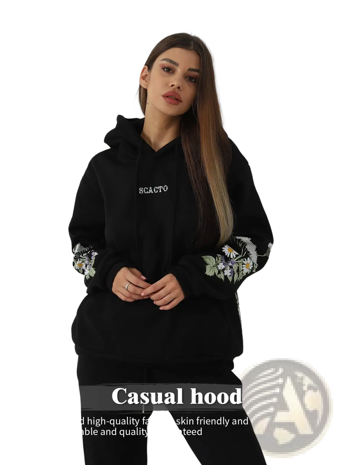 Black scacto casual hoodie with embroidered floral cuffs in long sleeve design for women