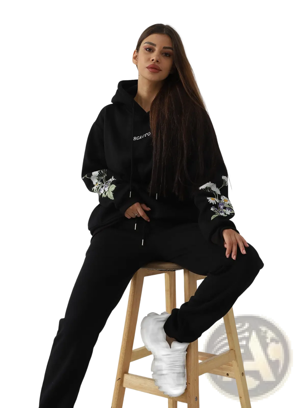 Black women’s long sleeve hoodie with white floral embroidery on sleeves and small scarf logo on chest