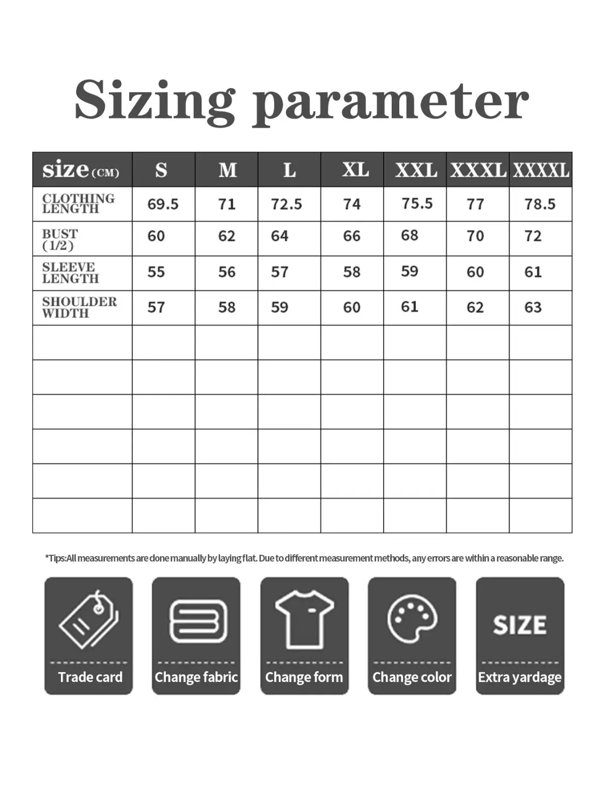 Sizing parameter chart in centimeters for women’s floral embroidered long sleeve hoodie from size s to xxxl