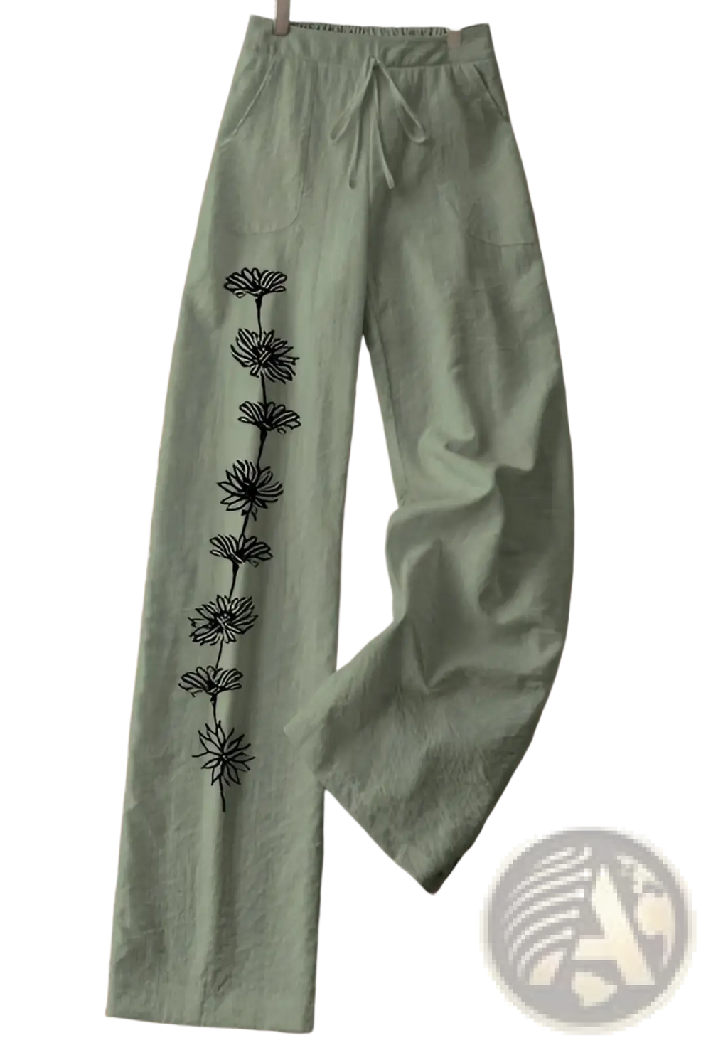 Olive green women’s wide leg cotton linen trousers with black embroidered daisy floral print down the side