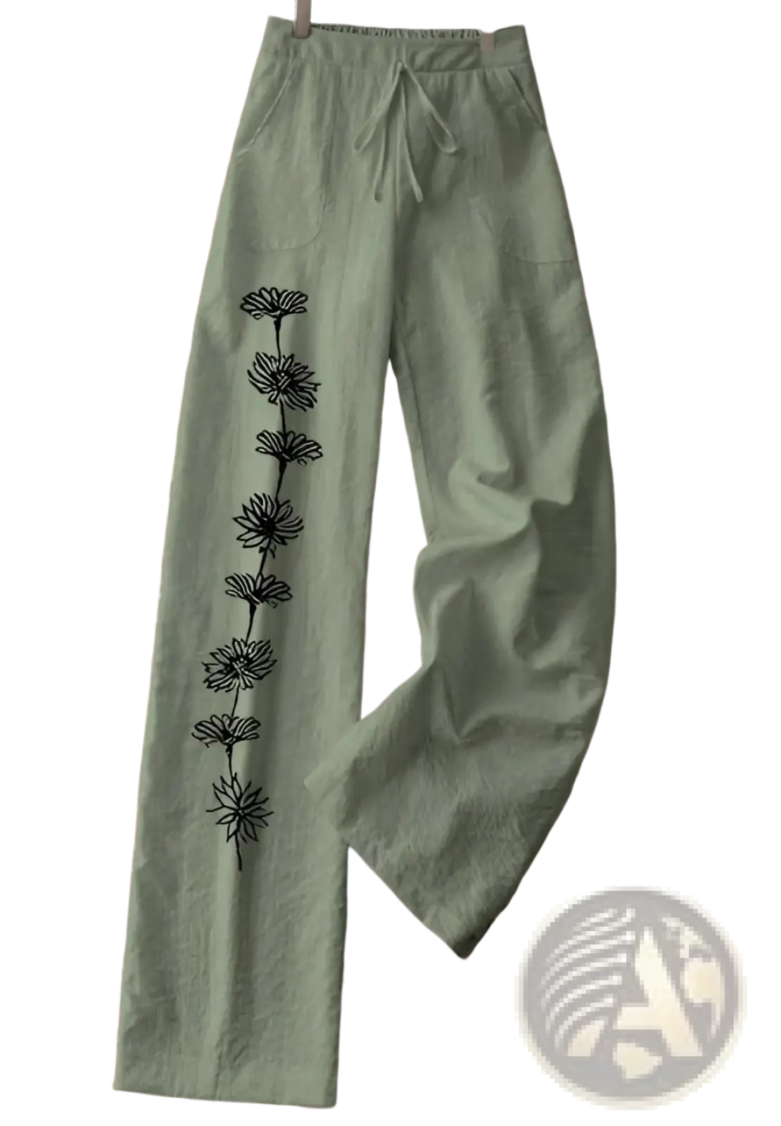 Olive green women’s wide leg cotton linen trousers with black embroidered daisy floral print down the side