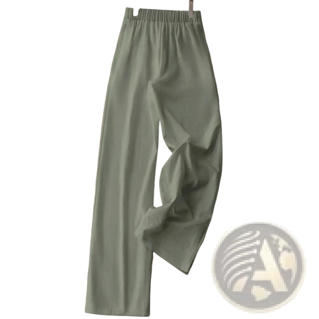 Olive green wide leg trousers with elastic waistband made of cotton linen for women featuring floral print