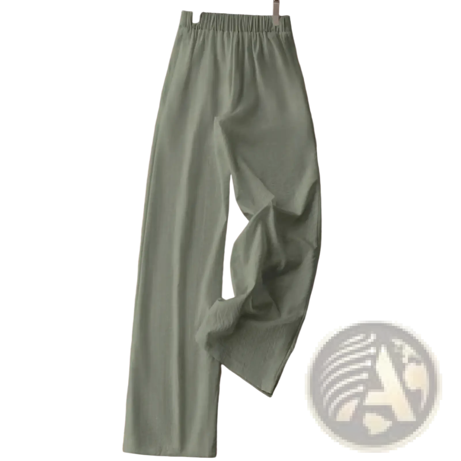 Olive green wide leg trousers with elastic waistband made of cotton linen for women featuring floral print