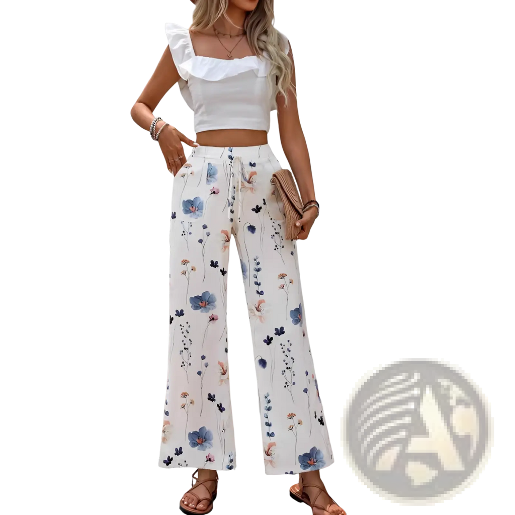 Women’s white cotton linen wide leg trousers with blue and pink floral print on light fabric