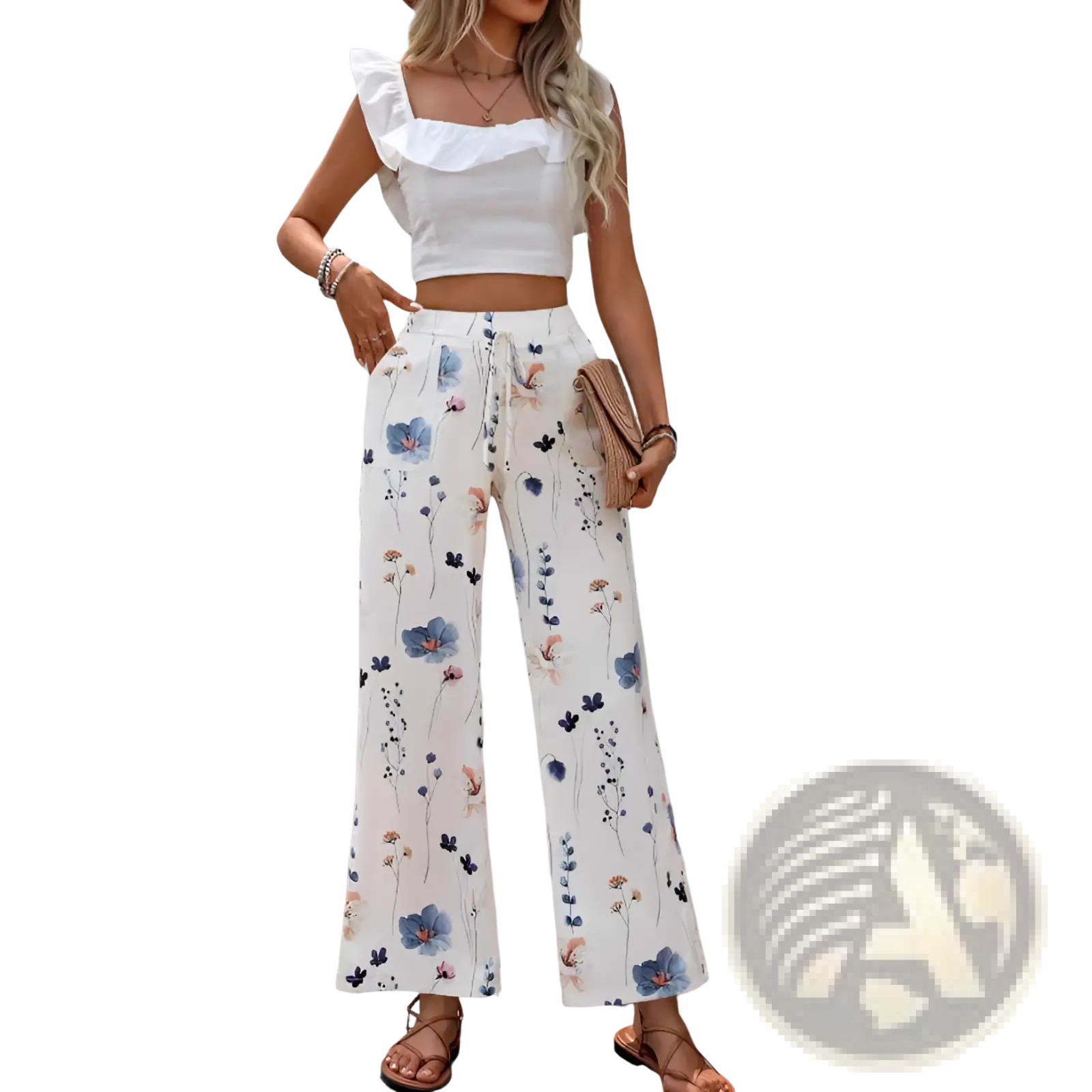 Women’s white cotton linen wide leg trousers with blue and pink floral print on light fabric