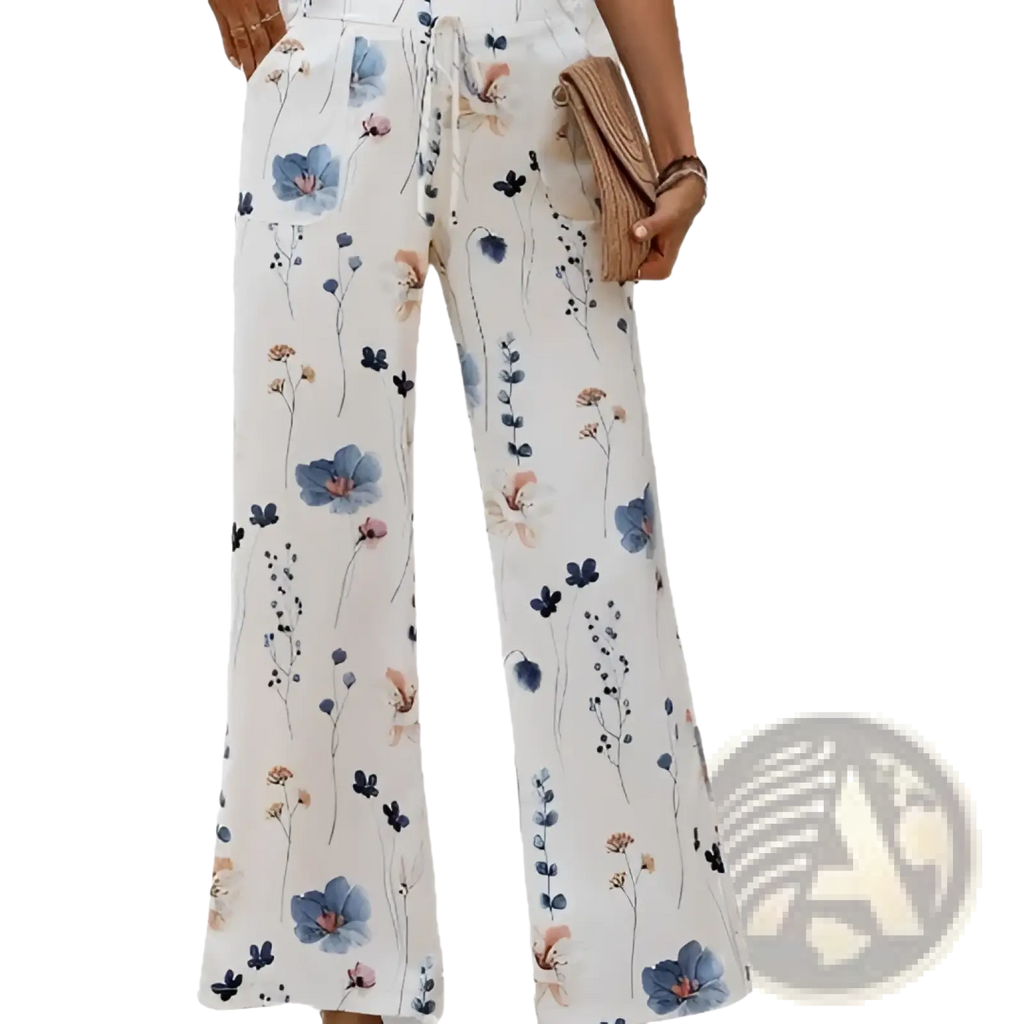 Women’s floral print cotton linen wide leg trousers with white base and blue pink dark purple blossoms on soft fabric
