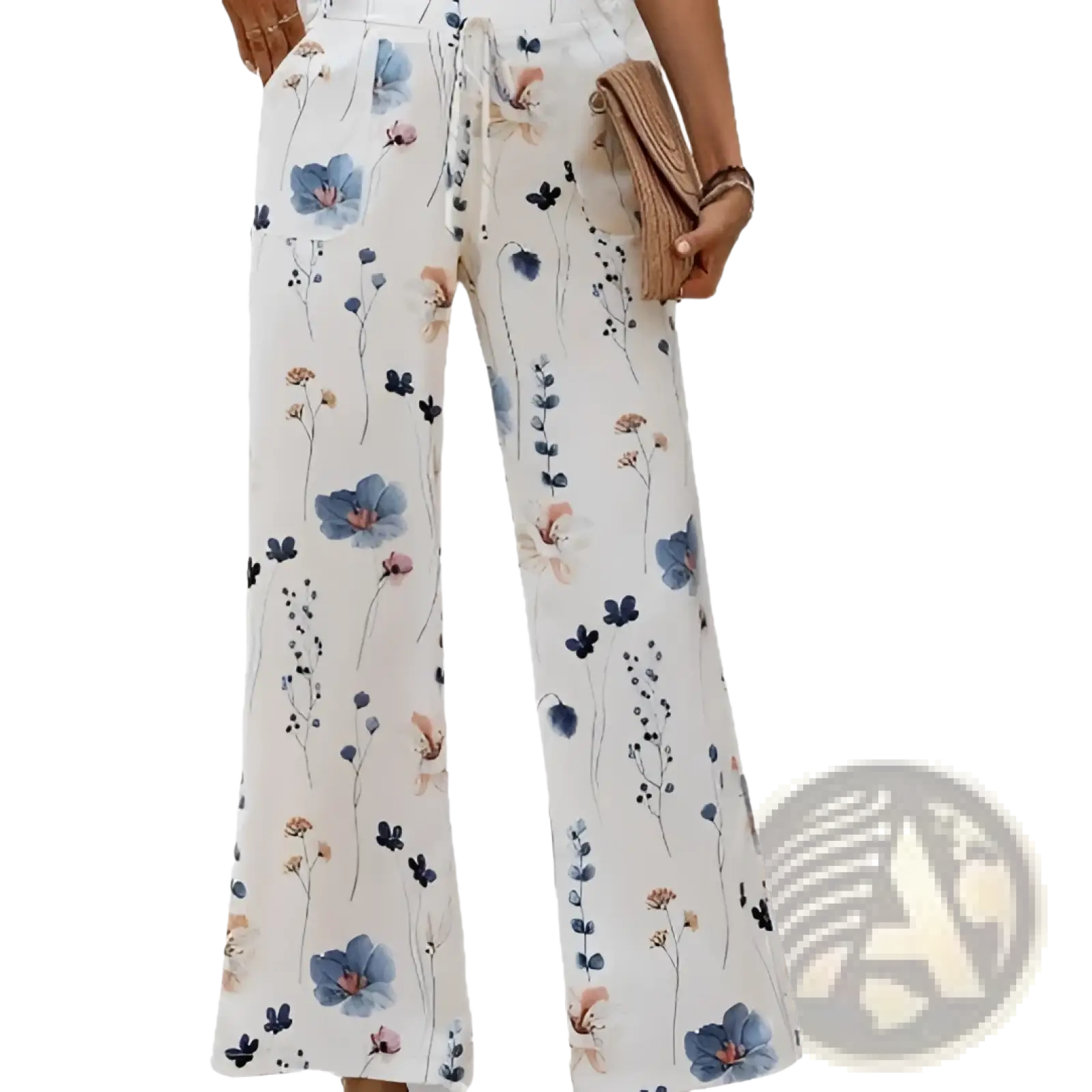 Women’s floral print cotton linen wide leg trousers with white base and blue pink dark purple blossoms on soft fabric