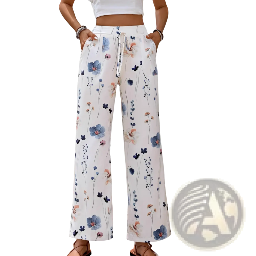 Women’s white cotton linen wide leg trousers with blue and pink floral print for comfortable casual wear