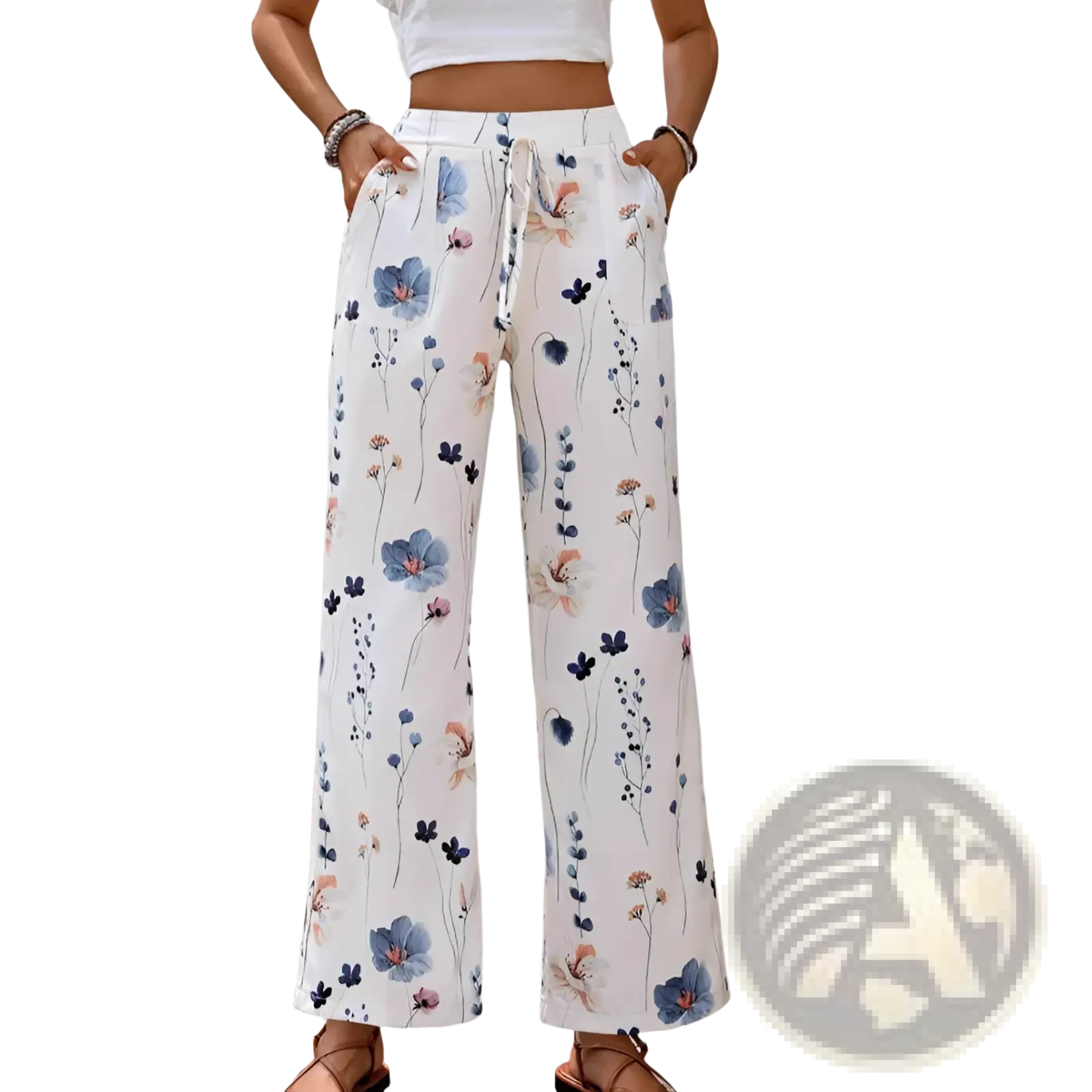 Women’s white cotton linen wide leg trousers with blue and pink floral print for comfortable casual wear