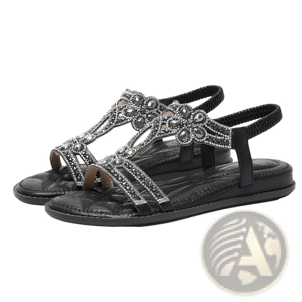 Black women’s floral rhinestone wedge sandals with silver embellished straps and low heel for elegant occasions