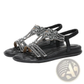 Black women’s floral rhinestone wedge sandals with silver embellished straps and low heel for elegant occasions