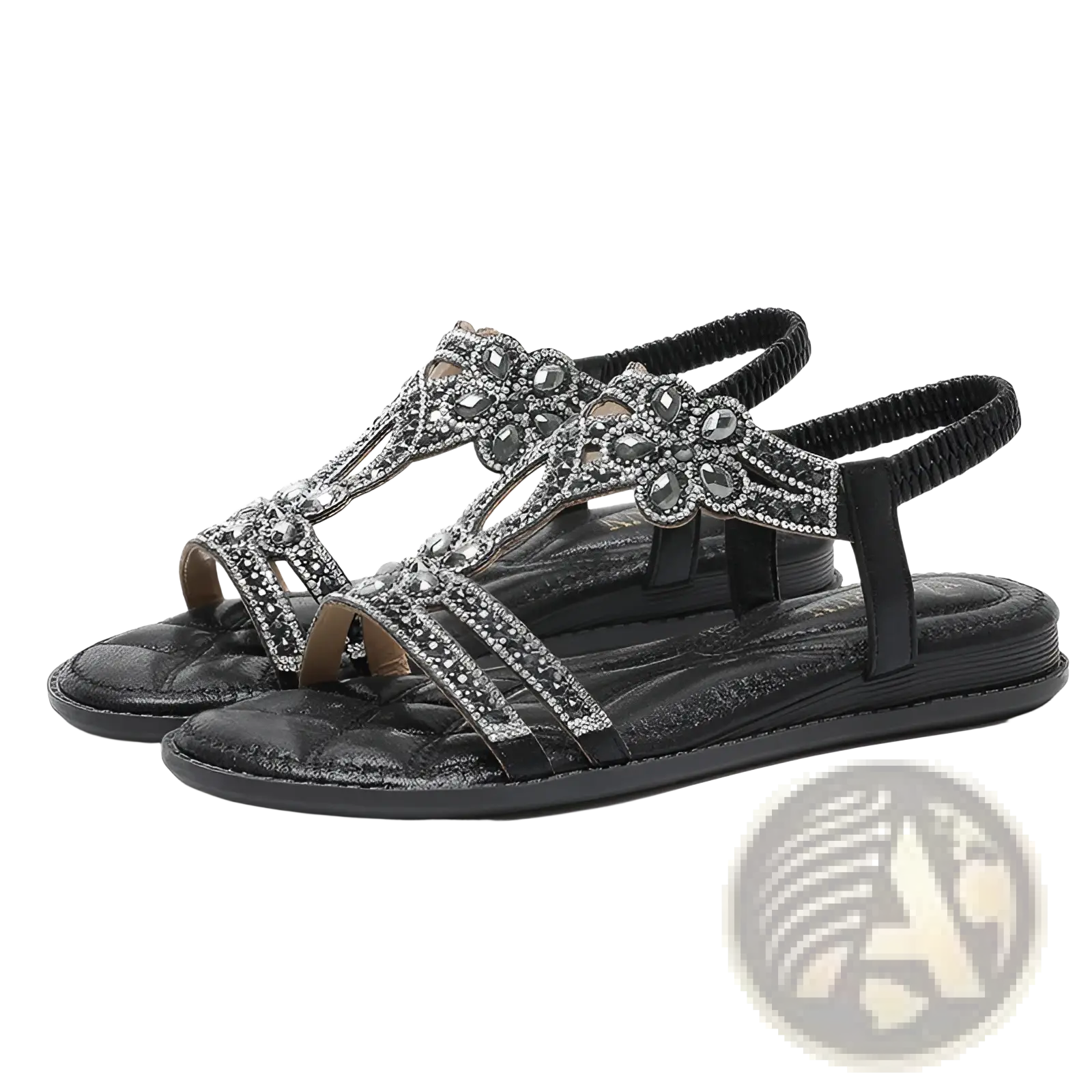 Black women’s floral rhinestone wedge sandals with silver embellished straps and low heel for elegant occasions