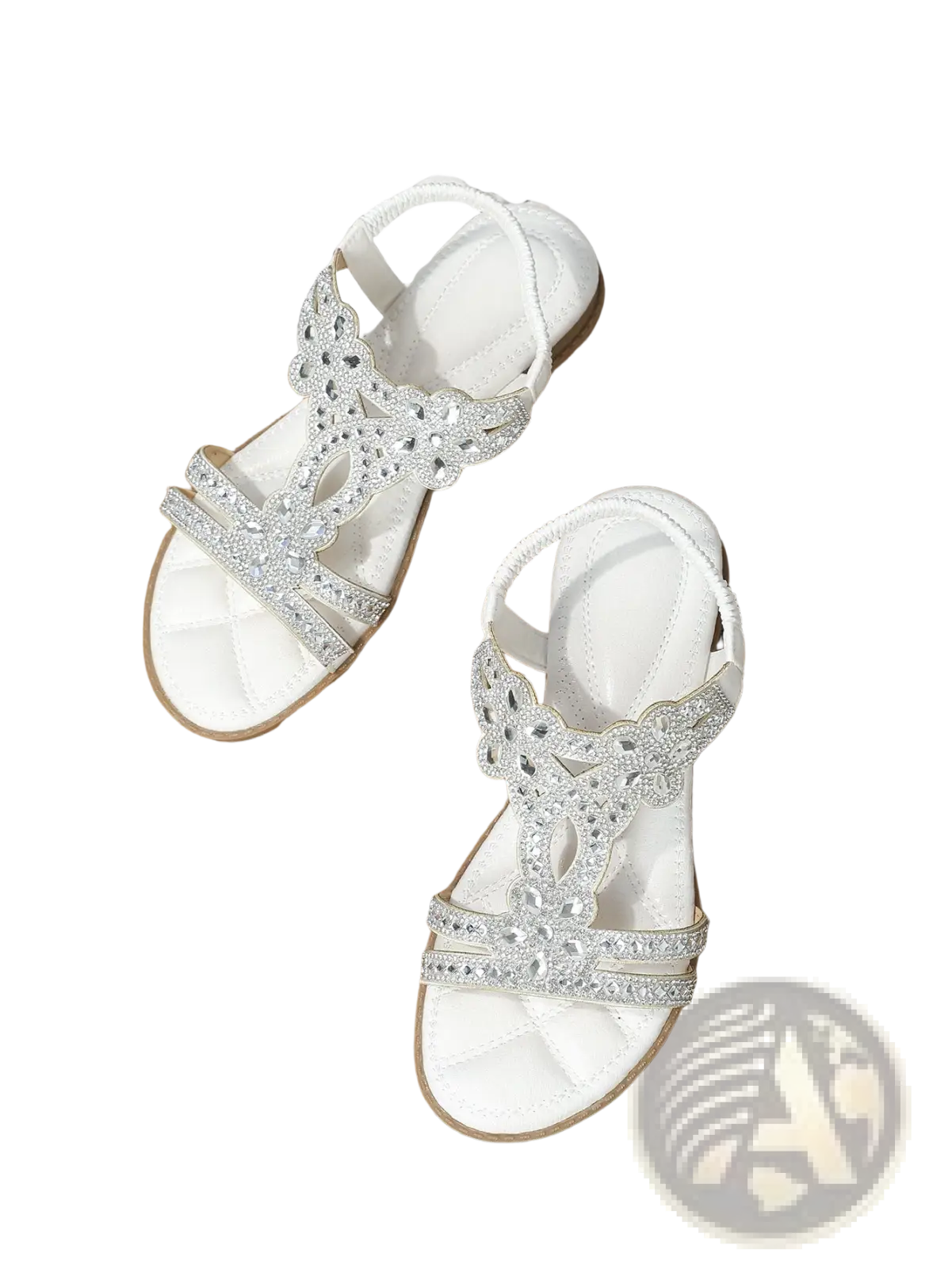 White sandals with silver glittery straps and intricate cut-out designs from womens floral rhinestone wedge sandals low heel collection