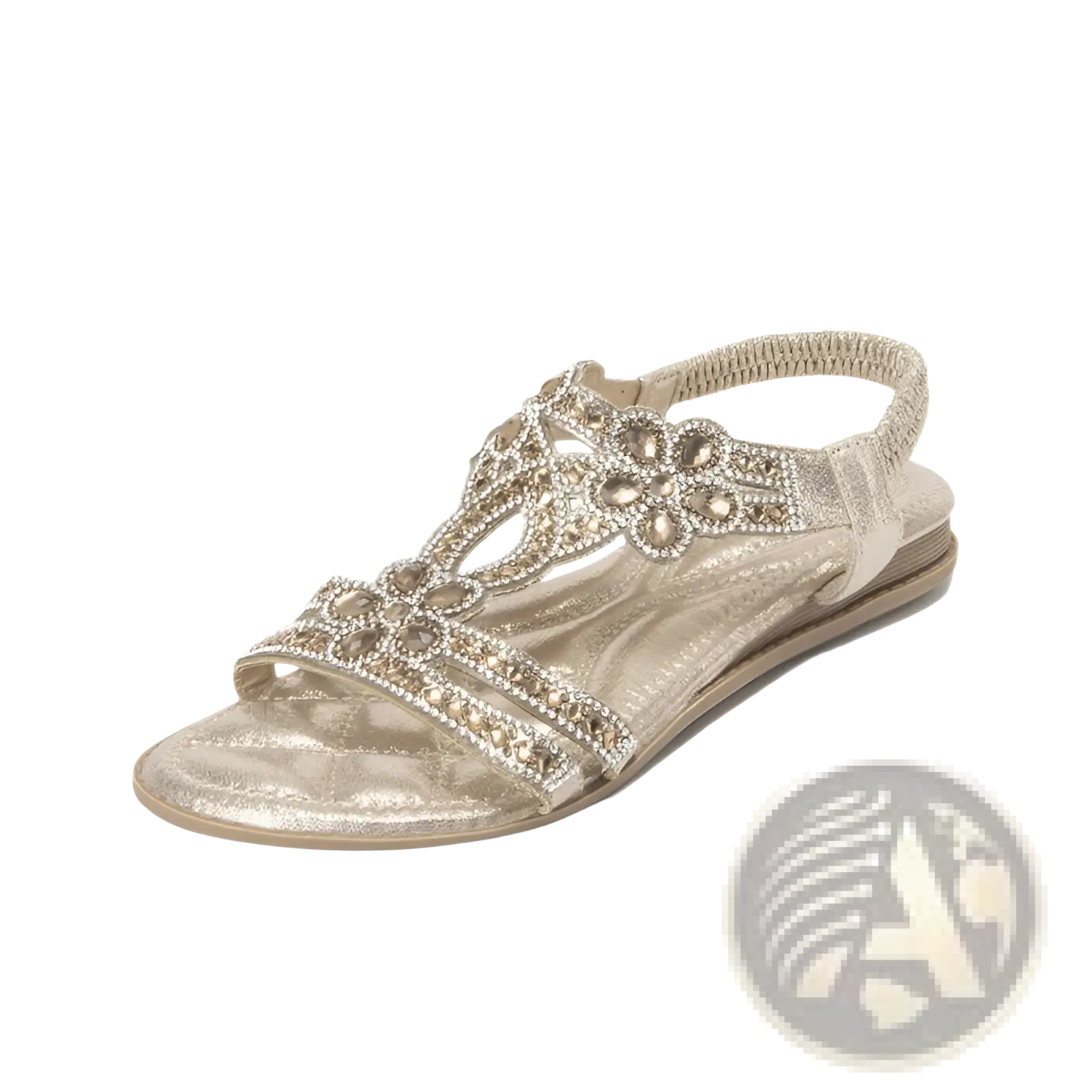 Women’s floral rhinestone wedge sandals low heel in shimmering gold with intricate crystal floral embellishments on straps