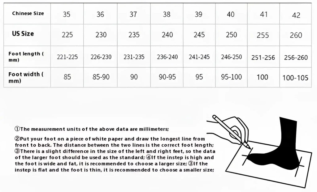 A black foot measurement chart showing chinese and us sizes with length and width in millimeters for women’s floral rhinestone wedge sandals low heel