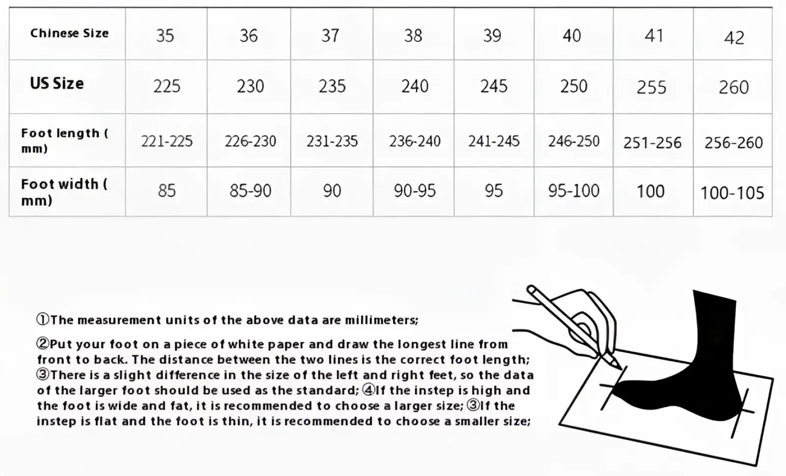 A black foot measurement chart showing chinese and us sizes with length and width in millimeters for women’s floral rhinestone wedge sandals low heel