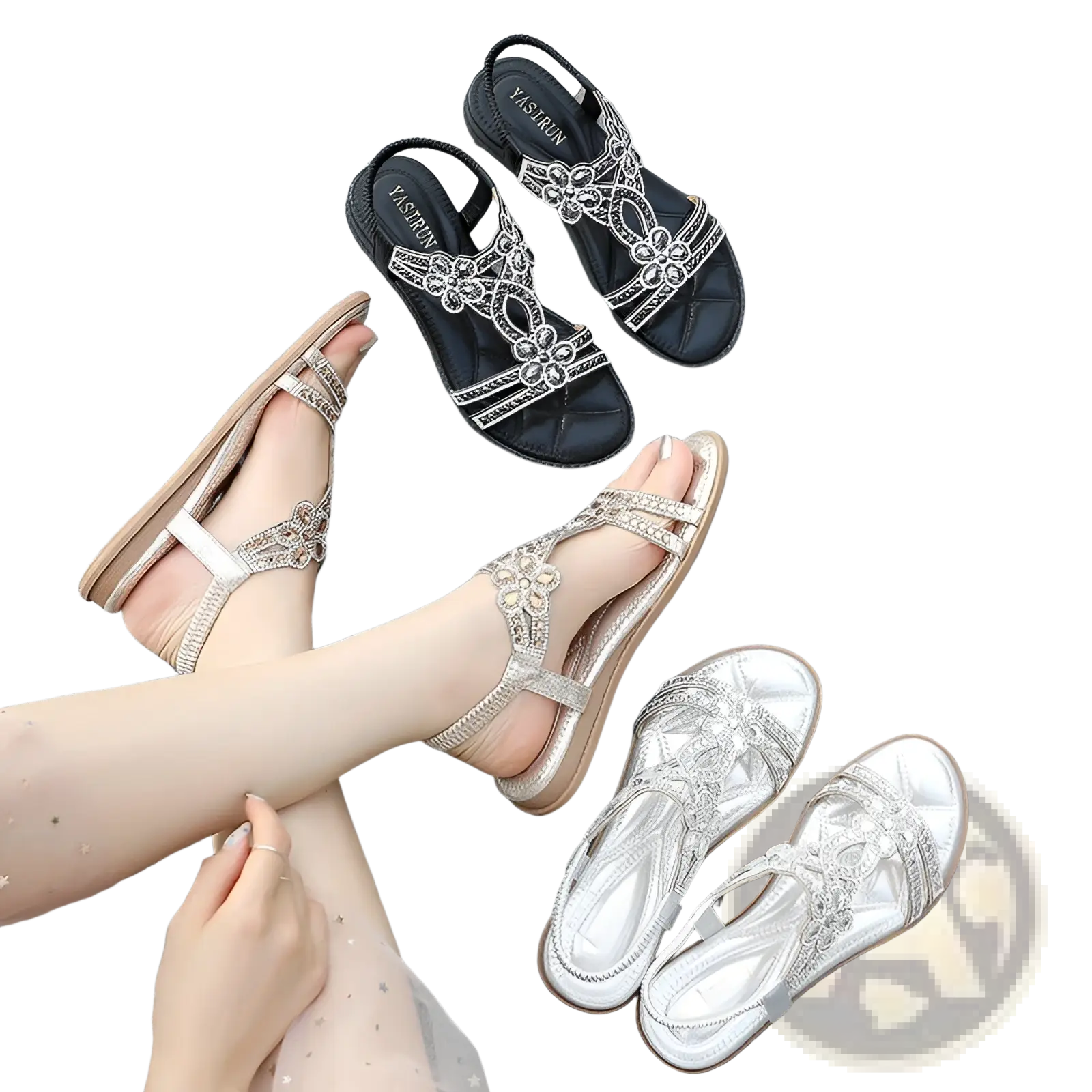 Silver and black women’s floral rhinestone wedge sandals with low heel and embellished floral designs