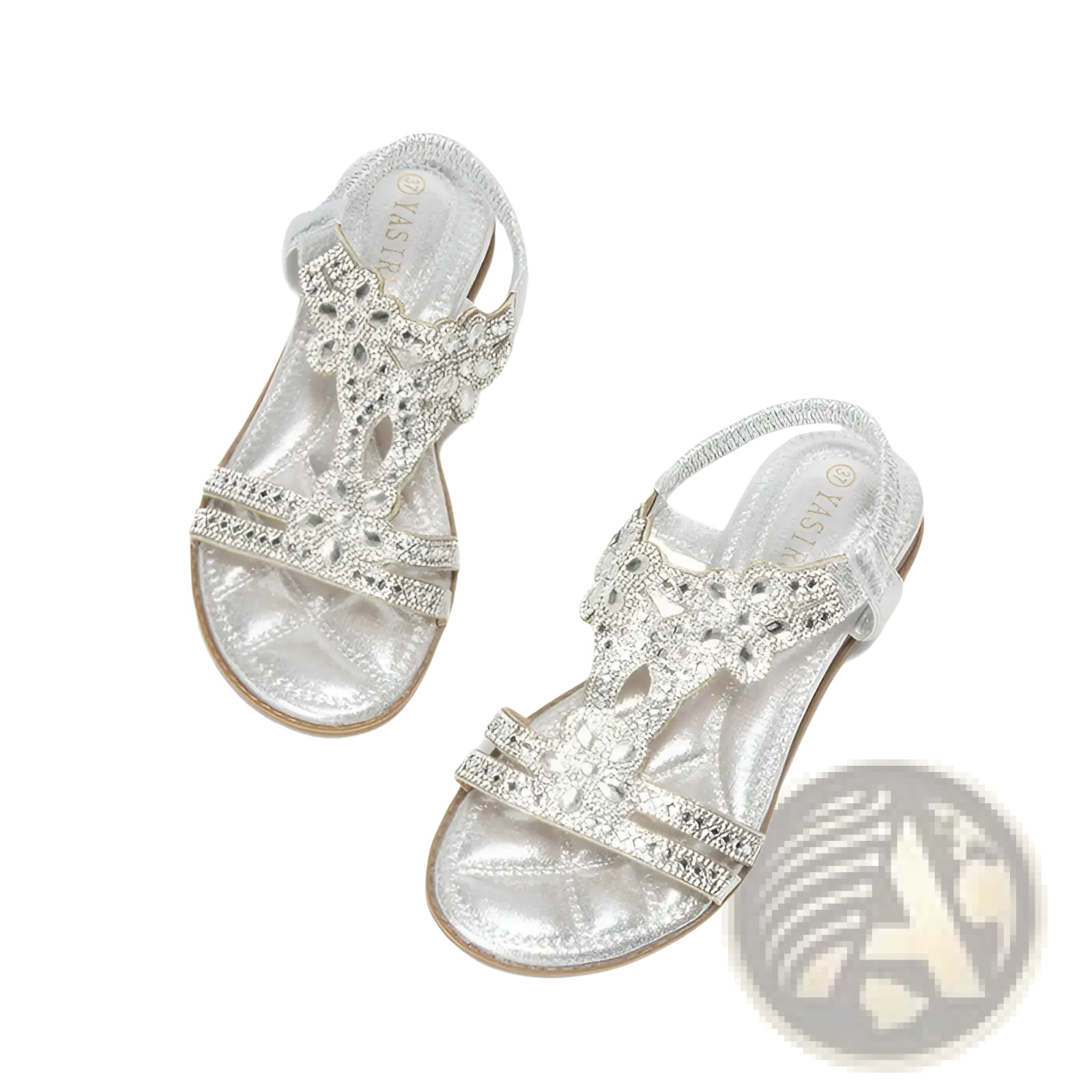 Silver women’s floral rhinestone wedge sandals with low heel featuring intricate crystal embellishments and lace straps