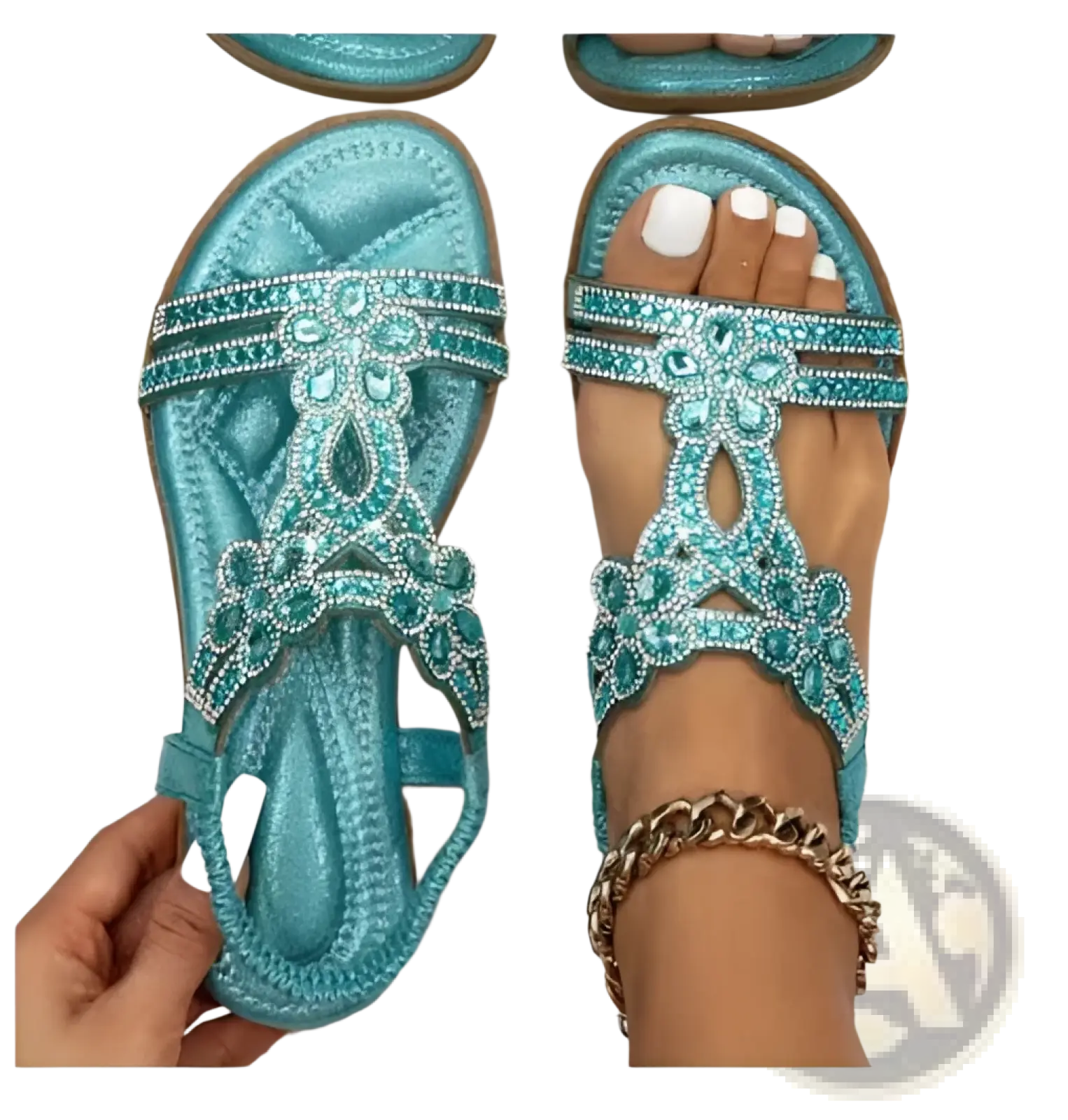 Turquoise glittery women’s floral rhinestone wedge sandals with low heel and intricate beaded floral designs