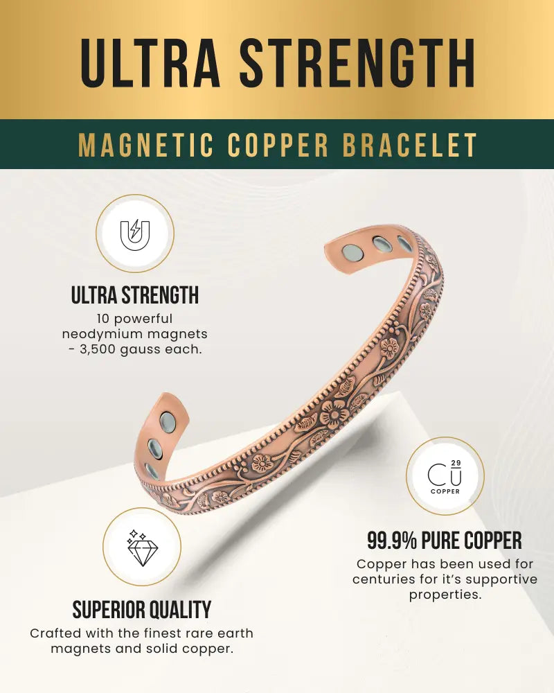 Floral copper magnetic therapy bangle bracelet with intricate engraving and three embedded neodymium magnets