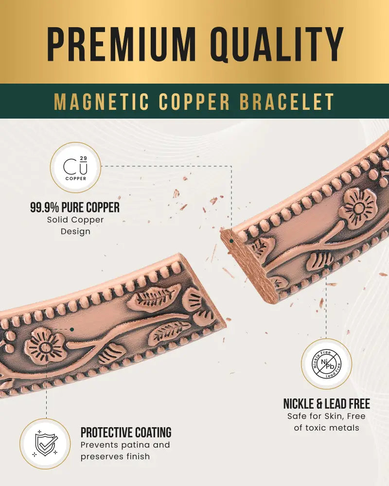 Floral copper magnetic therapy bangle bracelet in rose gold tone crafted from 99.9% pure solid copper with ornate design
