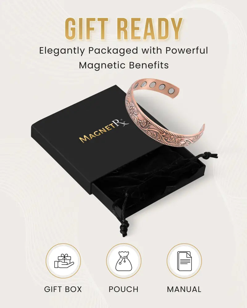 Rose gold copper magnetic therapy bangle bracelet with intricate floral engravings and three circular inner magnets