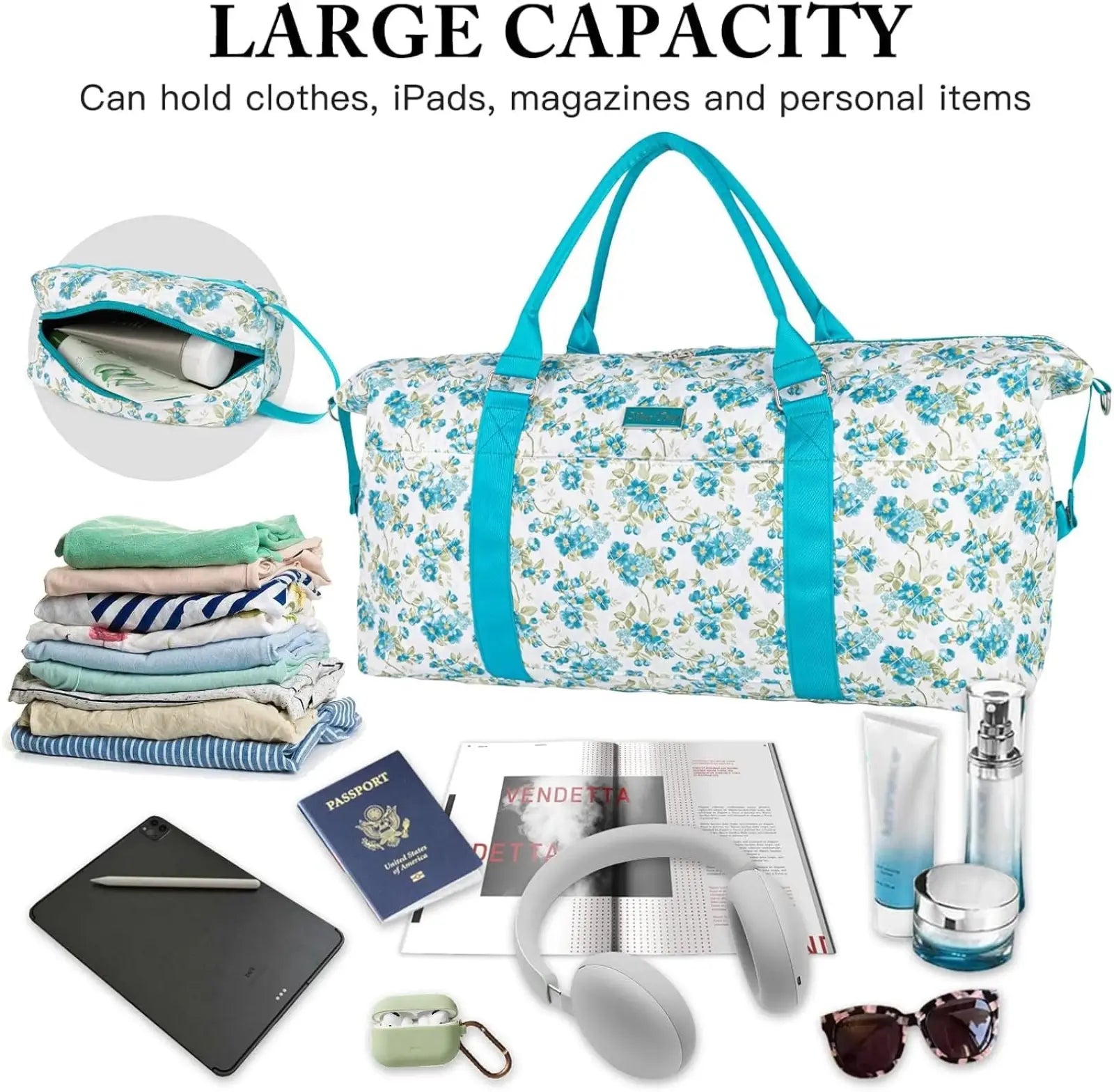 Women’s floral travel bag with toiletry pouch featuring a white base and blue and green flowers with turquoise trim
