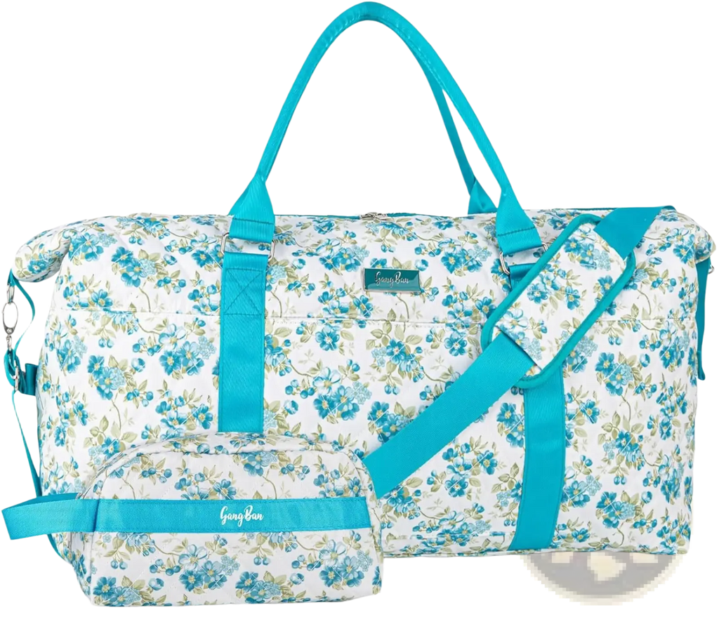 Women’s floral travel bag in teal and white floral-patterned gogabun with matching shoulder strap and toiletry pouch