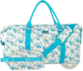 Women’s floral travel bag in teal and white floral-patterned gogabun with matching shoulder strap and toiletry pouch