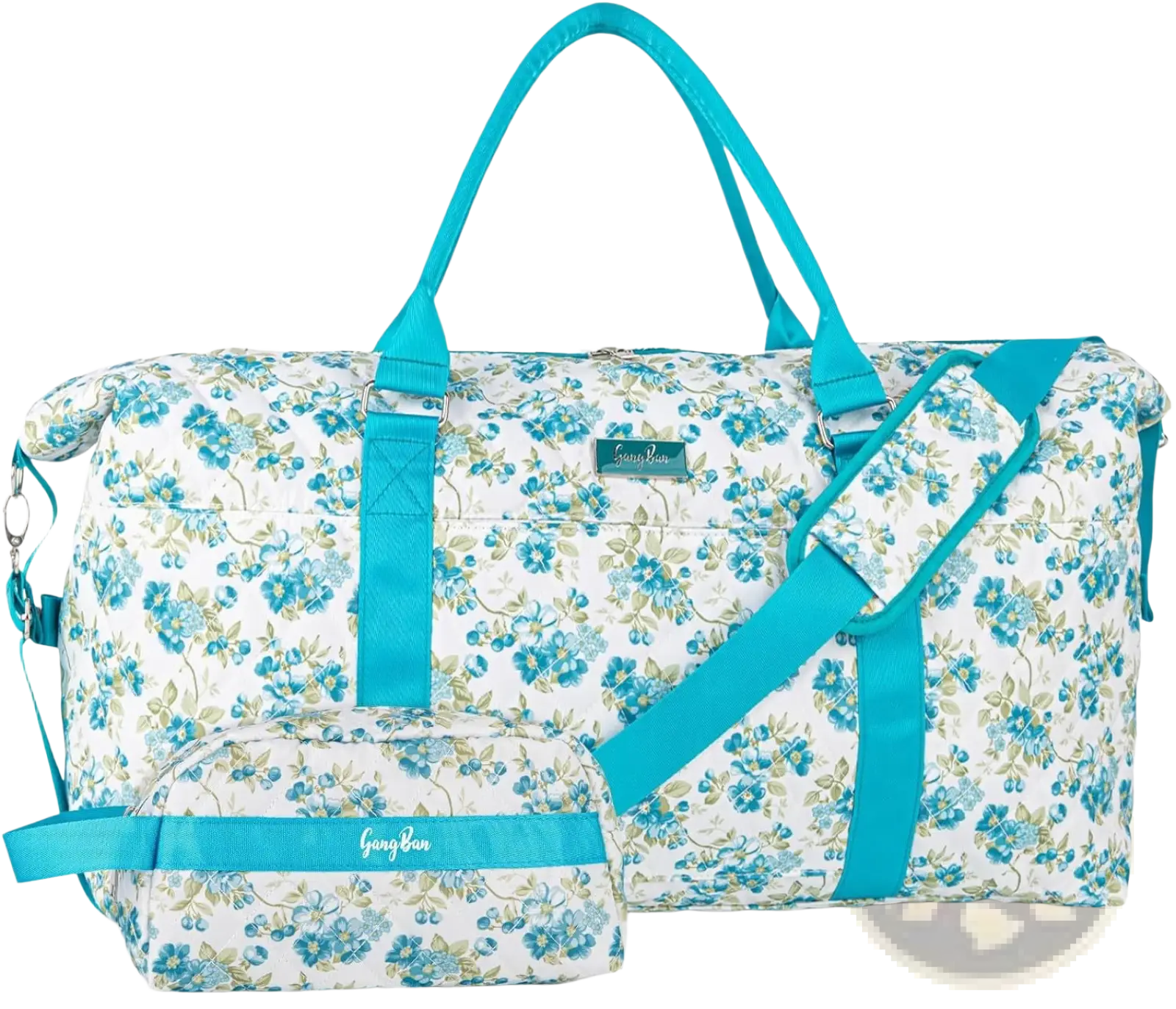 Women’s floral travel bag in teal and white floral-patterned gogabun with matching shoulder strap and toiletry pouch