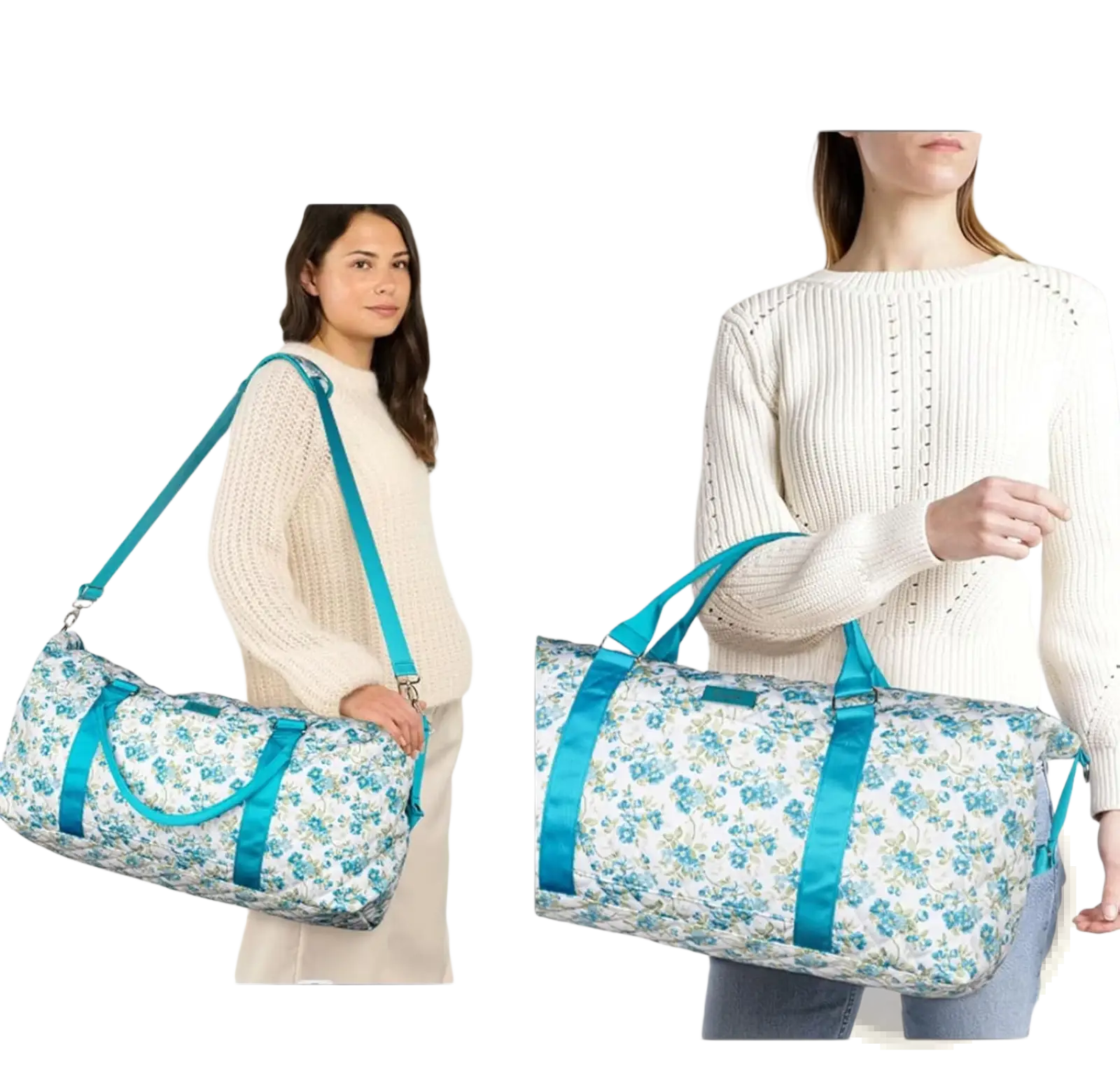 A quilted women’s floral travel duffel bag with delicate blue pattern and vibrant teal fabric straps and handles