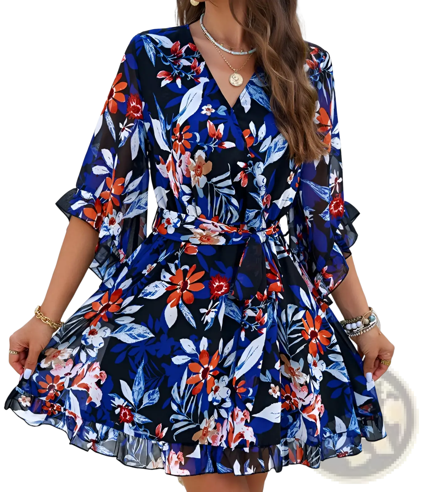 Women’s floral v-neck ruffle dress with waist tie in navy blue featuring vibrant orange and white blossoms and ruffled sleeves