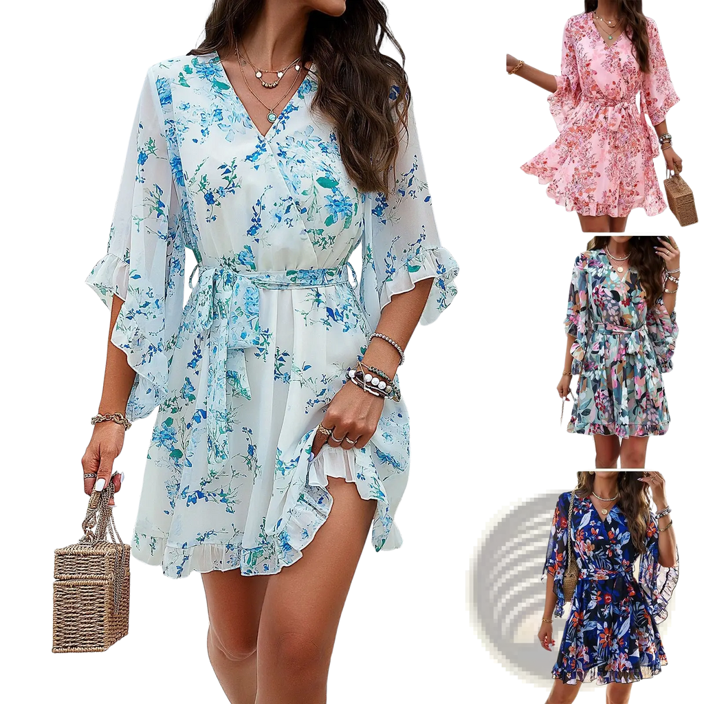 Women’s floral v-neck ruffle dress with waist tie featuring white fabric with blue floral patterns and ruffled sleeves