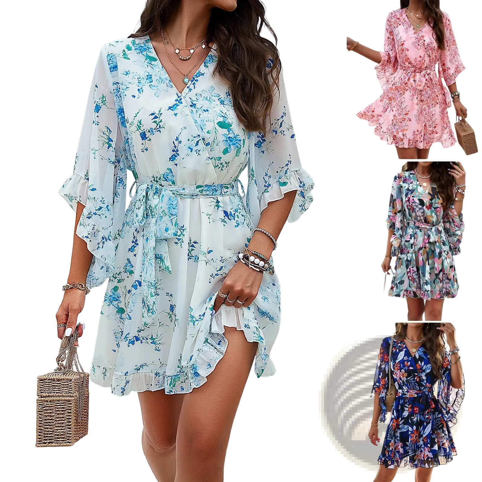 Women’s floral v-neck ruffle dress with waist tie featuring white fabric with blue floral patterns and ruffled sleeves